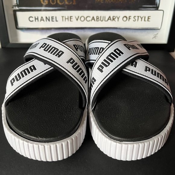 PUMA Logo Criss-Cross Black White  Tape Platform Slide Sandals New - Picture 14 of 14
